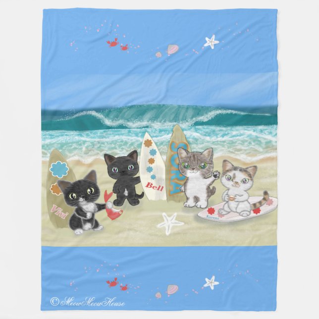 Four Surfing cats on the beach Fleecedecke (Vorderseite)