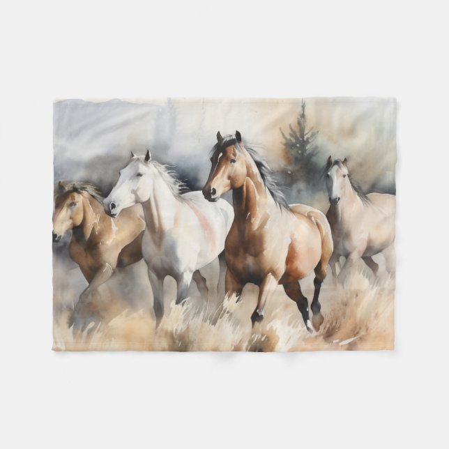 "Four Wild Mustangs" Dusty Western Wassercolor Fleecedecke (Vorderseite (Horizontal))