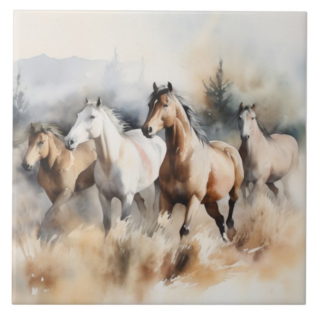 "Four Wild Mustangs" Dusty Western Wassercolor Fliese (Vorderseite)