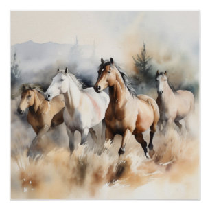 "Four Wild Mustangs" Dusty Western Wassercolor Poster