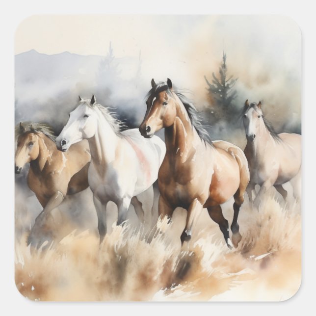 "Four Wild Mustangs" Dusty Western Wassercolor Quadratischer Aufkleber (Vorderseite)