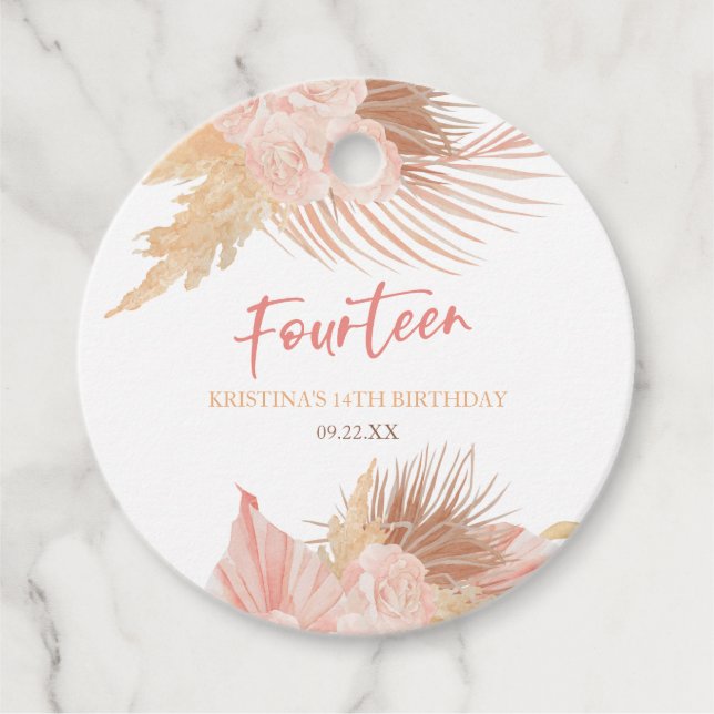 Fourteen Boho Pink Floral 14th Birthday Party Geschenkanhänger (Vorderseite)