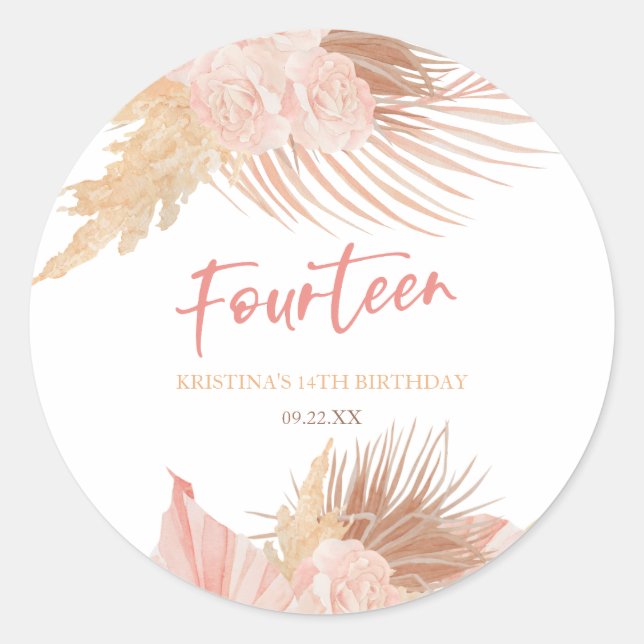 Fourteen Boho Pink Floral 14th Birthday Party Runder Aufkleber (Vorderseite)