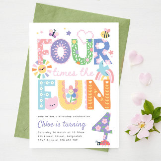 Fourth Birthday Invite Girl, Four times the Fun  Einladung