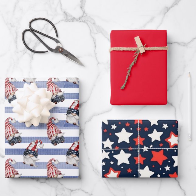 Fourth Of July Wrapping Paper Flat Sheet Set of 3 Geschenkpapier Set (Vorderseite)