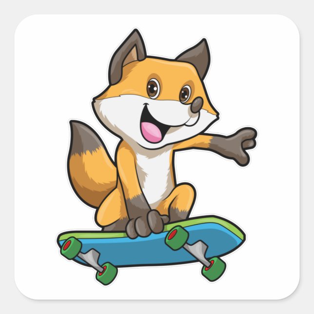 Fox als Skater mit Skateboard Quadratischer Aufkleber (Vorderseite)
