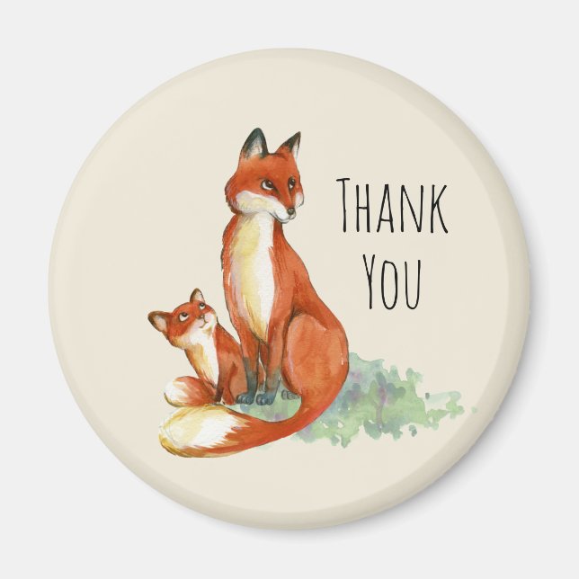 Fox and Baby Watercolor Illustration Vielen Dank Magnet (Vorne)