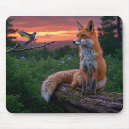 Fox and Bird bei Sonnenuntergang im Wald Mousepad