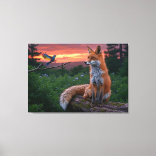 Fox and Bird bei Sonnenuntergang - ruhiger Wald Leinwanddruck