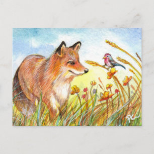 Fox and Bird in Field Postkarte