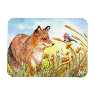 Fox and Bird in the field Magnet