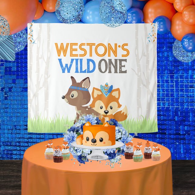 Fox and Deer Wild One Forest Trees Party Hintergru Wandteppich (Personalized Tribal Forest Fox and Deer Woodland Wild One 1st Birthday Backdrop. 4 Sizes Available)