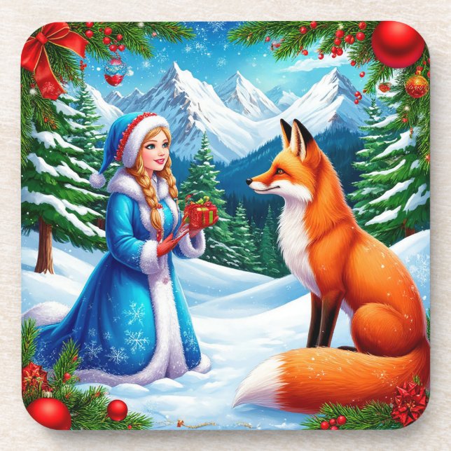 Fox and Snow Maiden in Winterwaldlandschaft Getränkeuntersetzer (Vorderseite)
