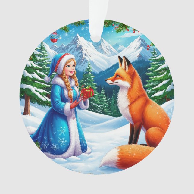 Fox and Snow Maiden in Winterwaldlandschaft Ornament (Vorderseite)