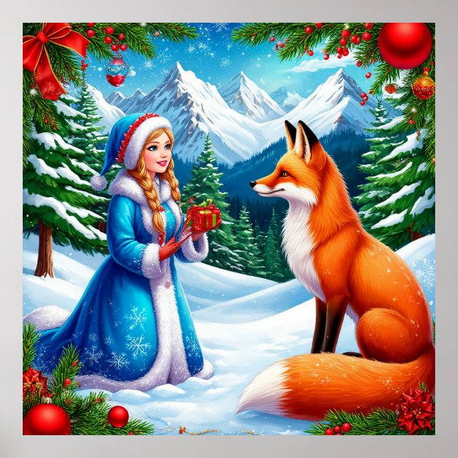 Fox and Snow Maiden in Winterwaldlandschaft Poster (Vorne)