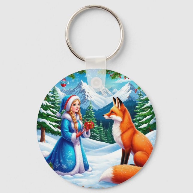 Fox and Snow Maiden in Winterwaldlandschaft Schlüsselanhänger (Vorderseite)
