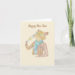 Fox and Sparkling wine new year greeting card Karte