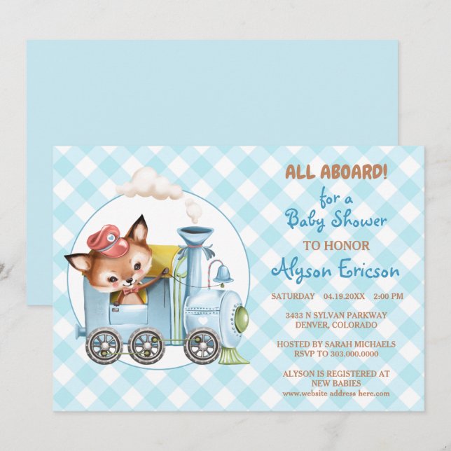 Fox and Train Gingham Blue Baby Shower Einladung (Vorne/Hinten)