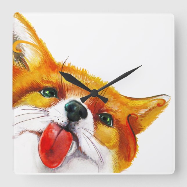 Fox-Aquarell Quadratische Wanduhr (Vorderseite)