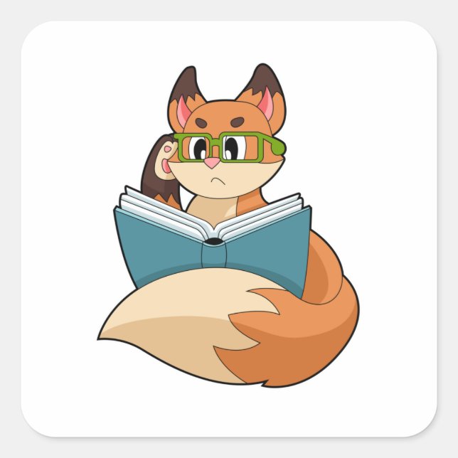 Fox as Nerd with Book & Glasses Quadratischer Aufkleber (Vorderseite)