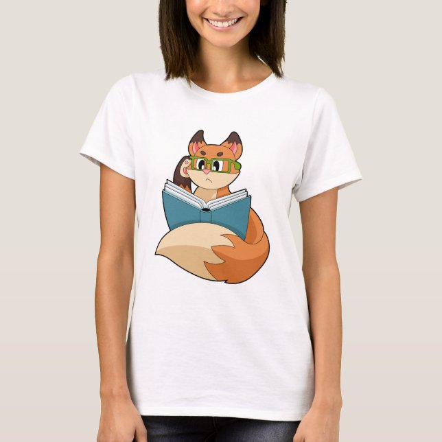 Fox as Nerd with Book & Glasses T-Shirt (Vorderseite)
