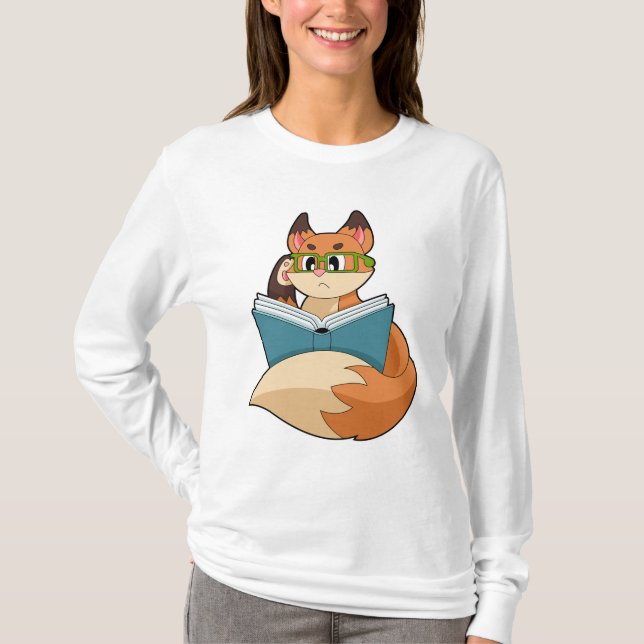 Fox as Nerd with Book & Glasses T-Shirt (Vorderseite)