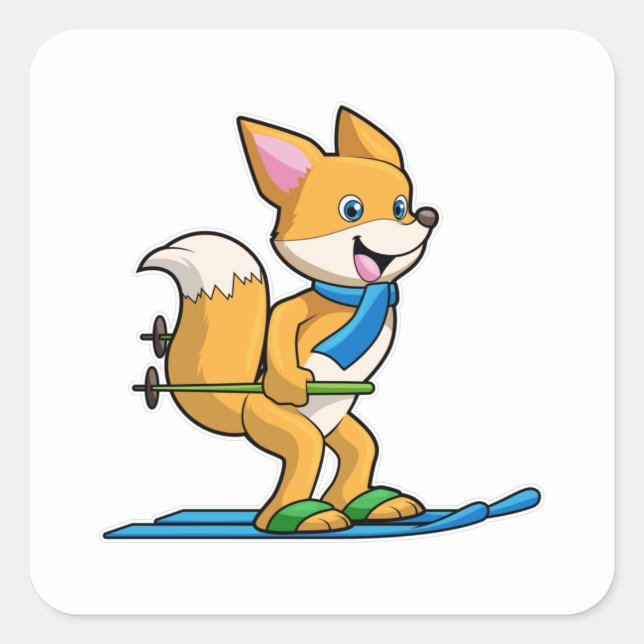 Fox as Skier mit Ski & Skistöcken Quadratischer Aufkleber (Vorderseite)