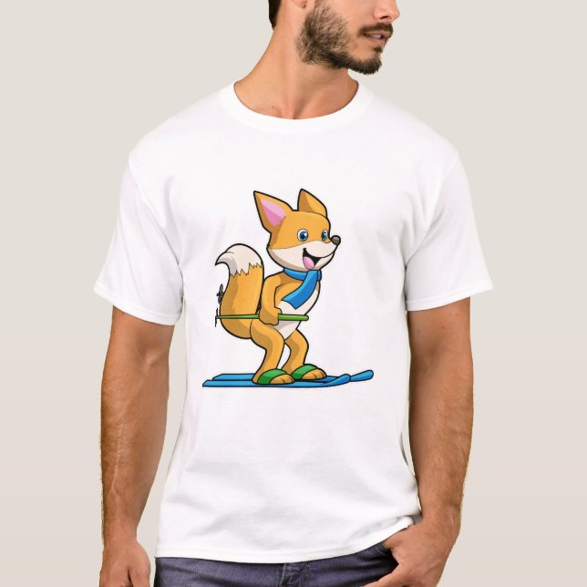 Fox as Skier mit Ski & Skistöcken T-Shirt (Vorderseite)