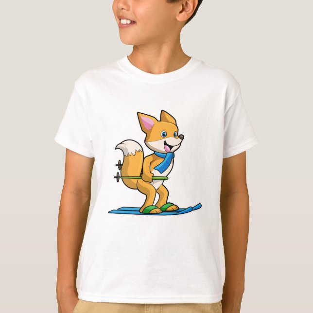 Fox as Skier mit Ski & Skistöcken T-Shirt (Vorderseite)
