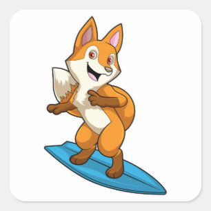 Fox as Surfer mit Surfbrett Quadratischer Aufkleber