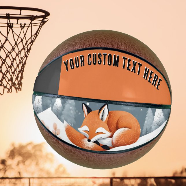 Fox Asleep in Snow Winter Wildnis Natur Basketball (A basketball with picture of a cute sleeping fox in winter snow. Personalize with your own text)