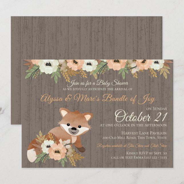 Fox Autumn Floral Woodland Baby Shower Einladung (Vorne/Hinten)