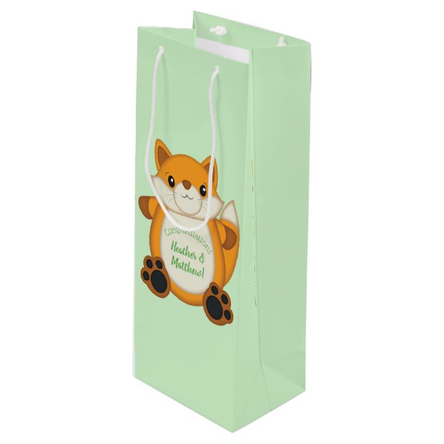 Fox Baby Dusche grün Geschenktüte Für Weinflaschen (Vorderseite Schrägansicht)