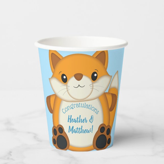 Fox Baby Shower Blue Pappbecher (Vorderseite)