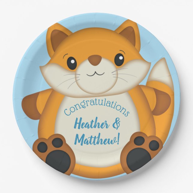 Fox Baby Shower Blue Pappteller (Vorderseite)