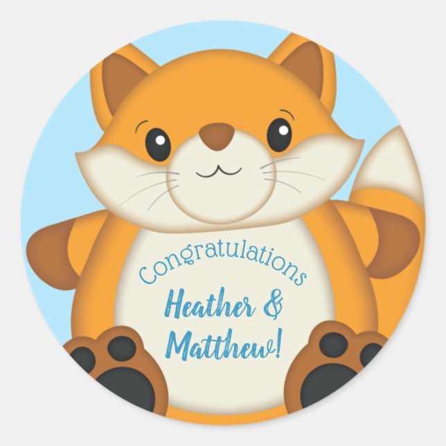 Fox Baby Shower Blue Runder Aufkleber (Vorderseite)