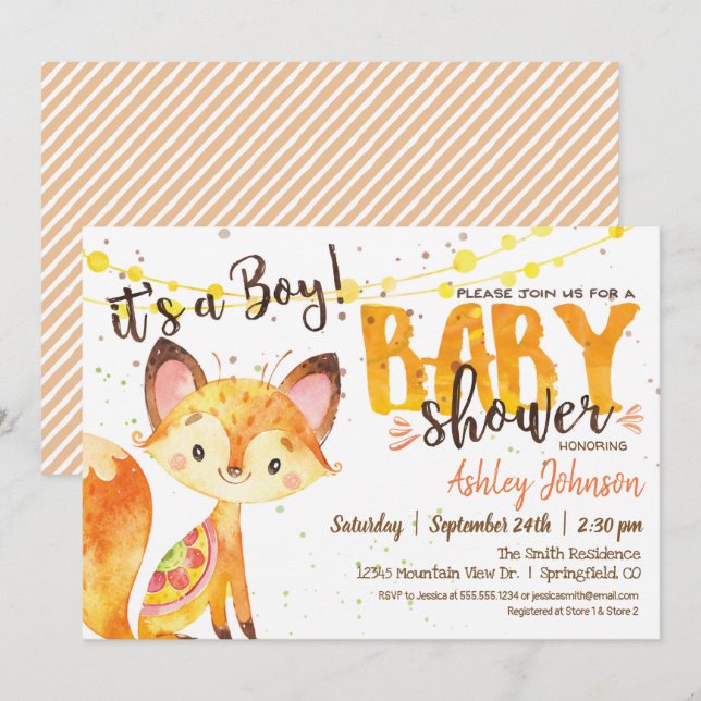 Fox Baby Shower Woodland Einladung Boy (Vorne/Hinten)