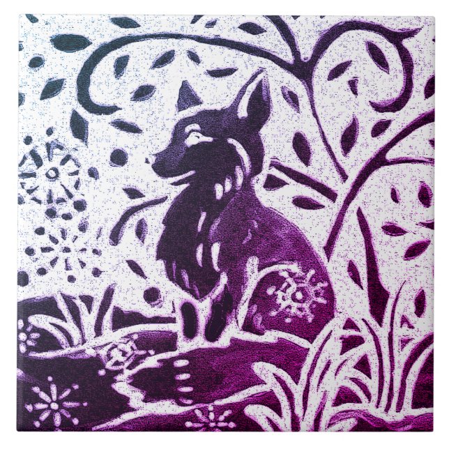 Fox Batik Modernes Lila Schnee Winterwald Fliese (Vorderseite)