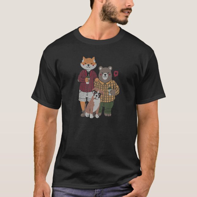 Fox Bear Drink Coffee Cute Animals Family Valentin T-Shirt (Vorderseite)