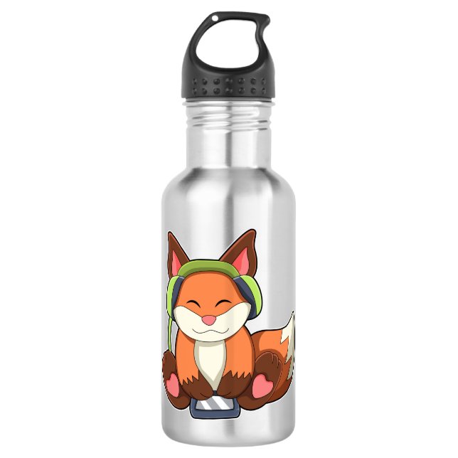 Fox bei Musik mit Headphone Edelstahlflasche (Vorderseite)