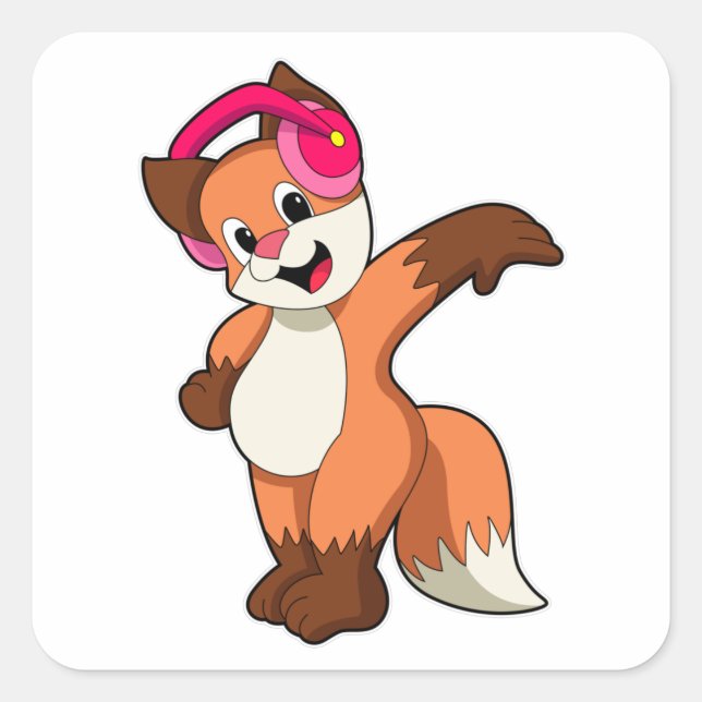 Fox bei Musik mit Headphone Quadratischer Aufkleber (Vorderseite)