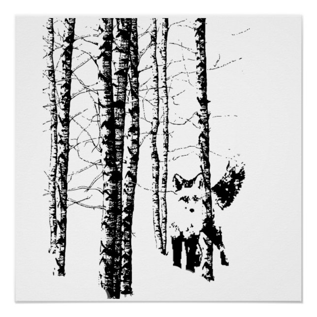 Fox Birch Tree Forest Animal Silhouette Art Poster (Vorderseite)