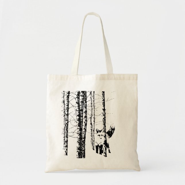 Fox Birch Tree Forest Animal Silhouette Art Tragetasche (Vorne)