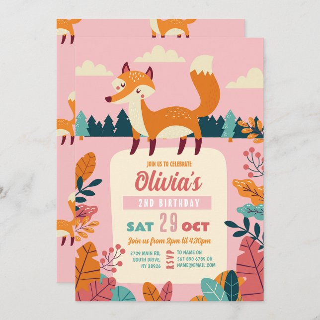 Fox Birthday Party Forest Theme Woods Pink Girl Einladung (Vorne/Hinten)