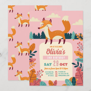 Fox Birthday Party Forest Theme Woods Pink Girl Einladung