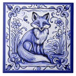 Fox Blue and White Mediterranean Folk Animal Art Fliese
