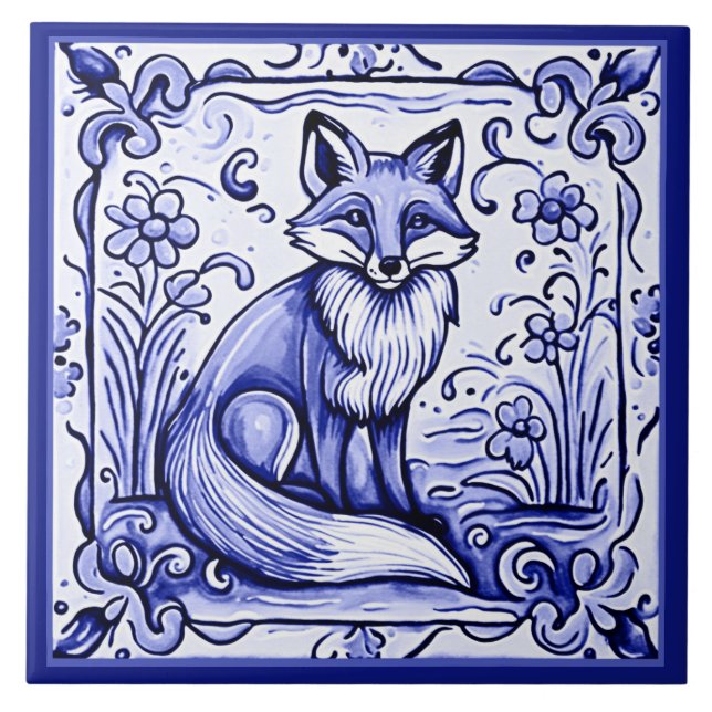 Fox Blue and White Mediterranean Folk Animal Art Fliese (Vorderseite)