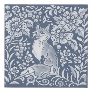 Fox Blue Woodland Animal Floral Denim  Künstlicher Leinwanddruck