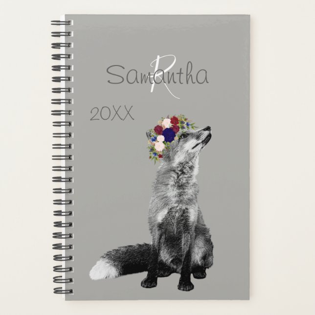 Fox Blume Crown Schwarz-weiß Animal Monogram Planer (Vorderseite)