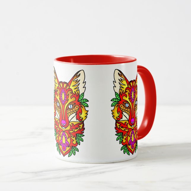 Fox boho abstrakte Kunst bohemian Wolf rot lila Tasse (VorderseiteRechts)